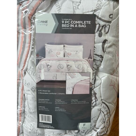 Real Living 9 PC Reversible Bed in a Bag Comforter Set Full, pink/gray - Picture 2 of 4